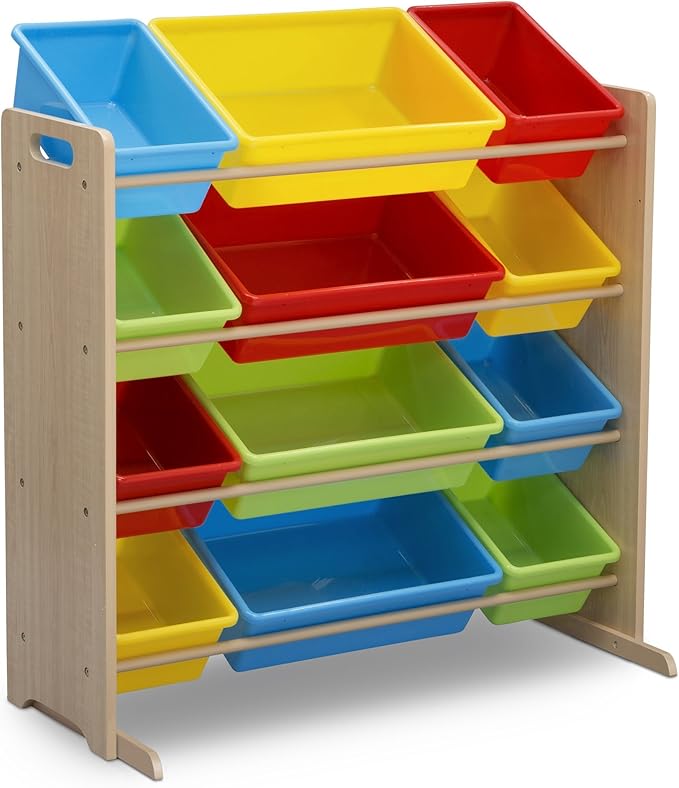 Delta Children Kids Toy Storage Organizer with 12 Plastic Bins - Greenguard Gold Certified, Natural/Primary - LeafyLoom