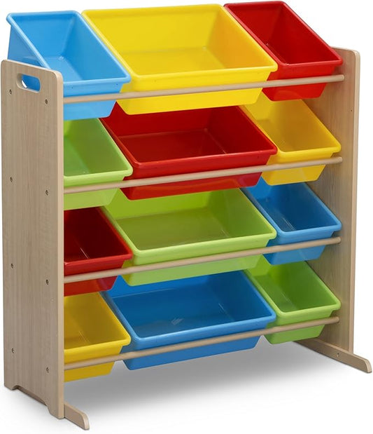 Delta Children Kids Toy Storage Organizer with 12 Plastic Bins - Greenguard Gold Certified, Natural/Primary - LeafyLoom