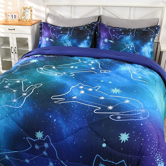 Wowelife 5 Piece Galaxy Space Cat Bedding Comforter Set Queen Constellation Bedding Set Blue Kids Bedding Set Bed in a Bag for Boys and Girls with Comforter, Flat Sheet, Fitted Sheet and 2 Pillowcases - LeafyLoom