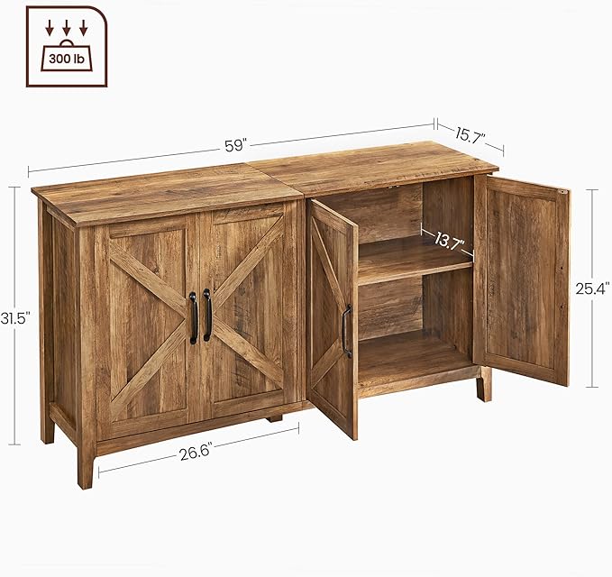 VASAGLE Buffet Storage Cabinet, 15.7" D x 59" W x 31.5" H Credenza Sideboard Table, Kitchen Cupboard with Adjustable Shelves for Living Room, Dining Room, Entryway, Rustic Walnut ULSC381T41 - LeafyLoom