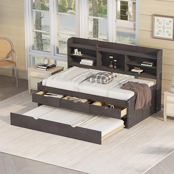 Twin Size Captain Bed with 3 Storage Drawers and Trundle, Wood Twin Bed Frame with Built-in Bookshelves for Kids Teens Adults, Antique Gray - LeafyLoom