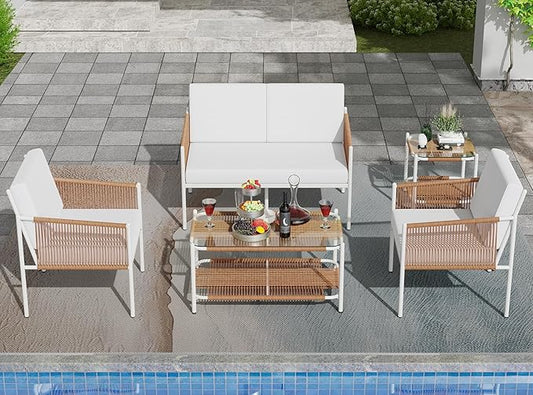 Shintenchi 5 Piece Wicker Outdoor Patio Furniture Set, White Metal Sofa Conversation Set, including Loveseat, Two Single Chairs and Two Coffee Tables for Backyard, Patio, Balcony, Poolside - LeafyLoom