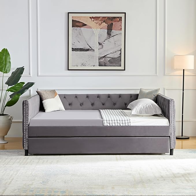 Full Size Velvet Upholstered Daybed with Trundle, Solid Wood Sofa Bed w/Button Tufted Backrest, for Living Room, Bedroom, Dorm, No Box Spring Needed, Space-Saving Design, Grey - LeafyLoom