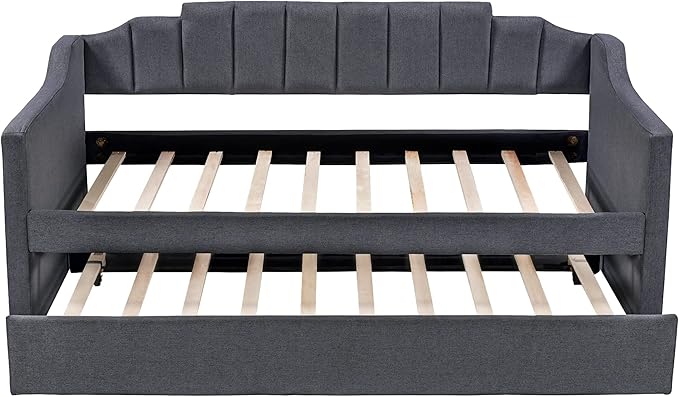 Moden Upholstered Twin Daybed with Trundle, Twin Size Sofa Bed Wood Bed Frame for Bedroom Living Room, No Box Spring Needed, Black - LeafyLoom