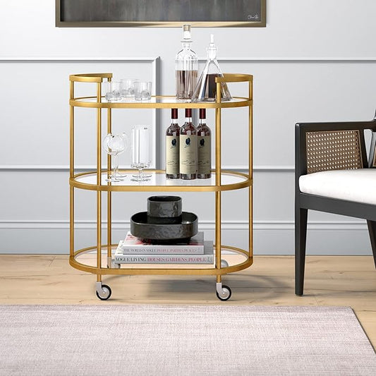 Henn&Hart 30" Wide Oval Bar Cart in Brass, Bar Carts for the Home - LeafyLoom