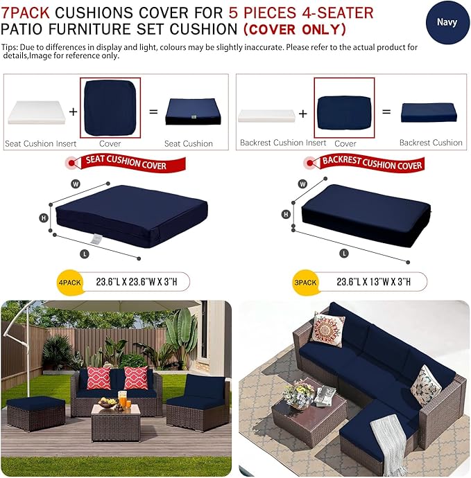 ClawsCover 7Pack Outdoor Patio Seat and Back Cushions Replacement Covers Fit for 3/5 Pieces 4-Seater Wicker Rattan Furniture Conversation Set Sectional Couch,Navy-Small (Include Cover Only) - LeafyLoom