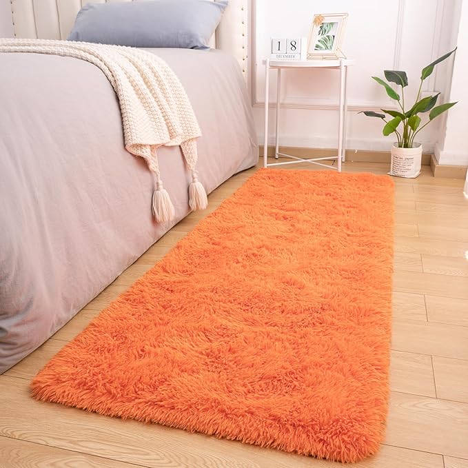 Softlife Area Rug for Bedroom, 2x6 Feet Runner Rug Plush Fluffy Rug for Living Room, Orange Shag Rug for Aesthetic Christmas Room Decor, Modern Fuzzy Faux Fur Carpet for Kids Nursery Room Dorm - LeafyLoom