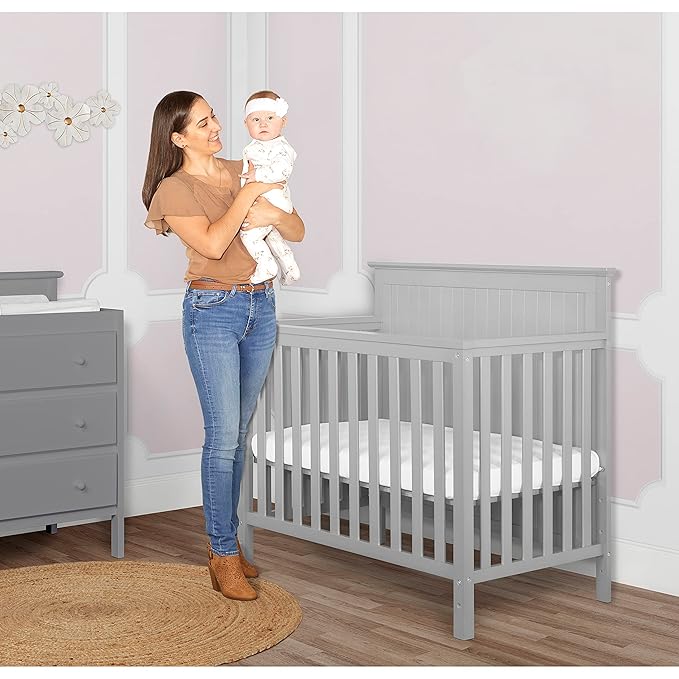 Ava 4-in-1 Convertible Mini Crib in Pebble Grey, 635-PG, Greenguard Gold Certified, Non-Toxic Finish, Comes with 1" Mattress Pad, with 3 Mattress Height Settings - LeafyLoom