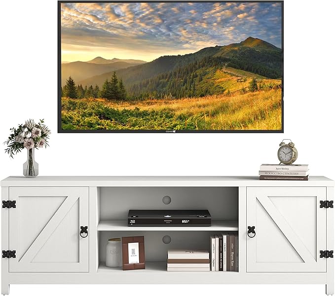 Panana Modern Farmhouse TV Stand, Entertainment Center for 70 inch TV with 2 Doors and Open Shelves for Living Room, Bedroom (White, 65 inch) - LeafyLoom