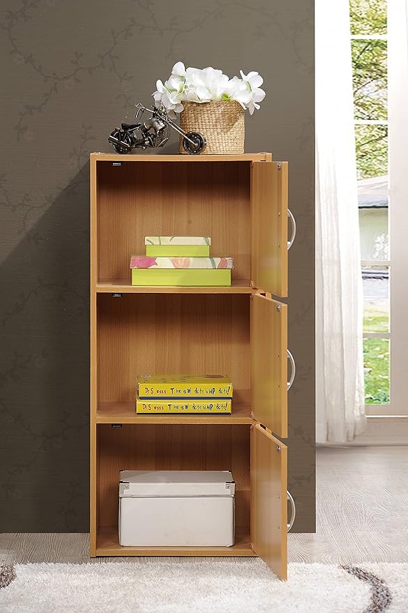 HODEDAH 3 Door Bookcase Cabinet, Beech - LeafyLoom