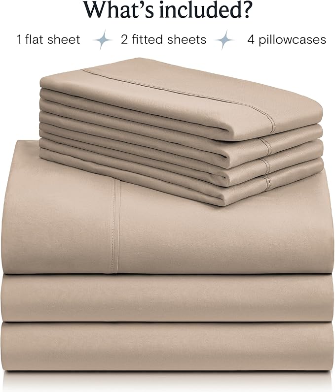 LuxClub 7 PC Split King Sheet Set, Breathable Luxury Bed Sheets, Deep Pockets 18" Eco Friendly Wrinkle Free Cooling Sheets Machine Washable Hotel Bedding Silky Soft - Light Khaki Split King - LeafyLoom