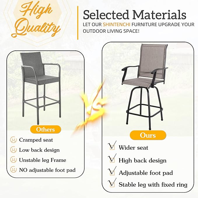 Shintenchi 4 Piece Outdoor Swivel Bar Stools, Patio Height Top Bar Stools Chairs Set of 4, All-Weather Textile Patio Bistro Bar high Chairs Set with High Back, Armrest for Lawn, Garden, Deck - LeafyLoom