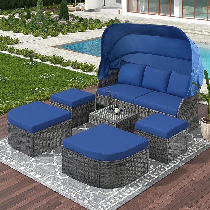 Rectangle Furniture Daybed Sunbed with Retractable Canopy, Outdoor Wicker Conversation Set with Cushions for Patio, Backyard, Porch, Garden, Onesize, Bb-Blue - LeafyLoom