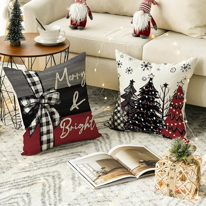 AVOIN colorlife Merry Christmas Joy Xmas Trees Red Throw Pillow Covers, 18 x 18 Inch Christmas Winter Holiday Cushion Case Decoration for Sofa Couch Set of 4 AVOINcolorlife