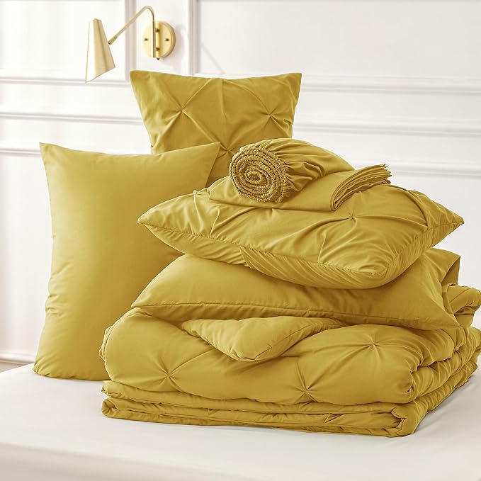 Bedsure California King Comforter Set Mustard Yellow - Cal King Bed Set 7 Pieces, Pinch Pleat Cali King Bedding Set with Comforter, Sheets, Pillowcases & Shams - LeafyLoom