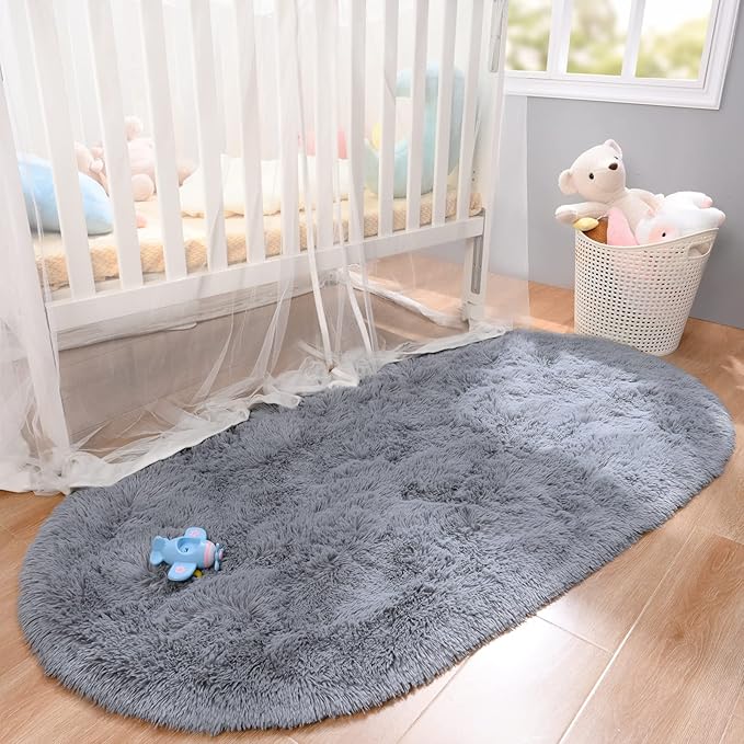 Merelax Soft Shaggy Rug for Kids Bedroom, Oval 2.6 x5.3 ft Grey Plush Fluffy Carpets for Living Room, Furry Carpet for Teen Girls Room, Anti-skid Fuzzy Comfy Rug for Nursery Decor Cute Baby Play Mat - LeafyLoom