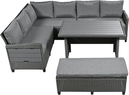 5 Piece Outdoor Furniture Patio Conversation with Dining Table&Bench, Sectional PE Wicker L-Shaped Sofa w/2 Extendable SideTable&Cushions&Washable Covers, Garden Rattan Couch, Gray - LeafyLoom