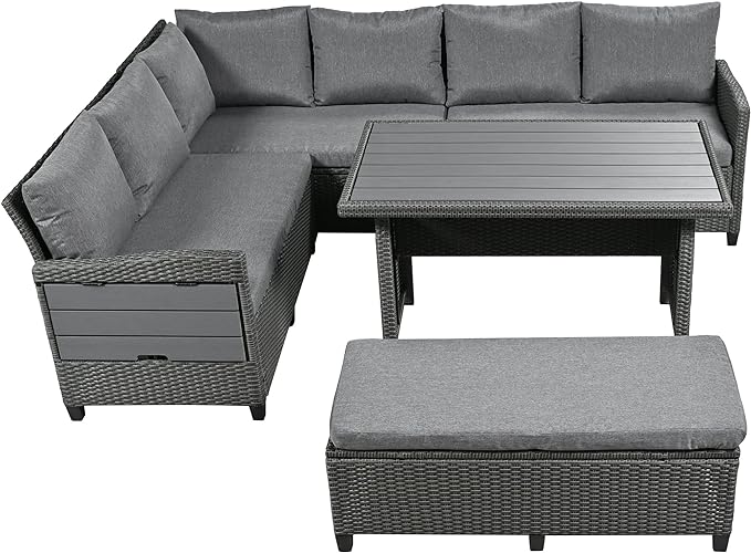 5-Piece Outdoor Patio Furniture Set with Dining Table&Bench, All-Weather PE Wicker Sofa w/2 Extendable SideTables&Cushions&Washable Covers, Rattan Conversation Couch for Backyard Yard, Gray - LeafyLoom