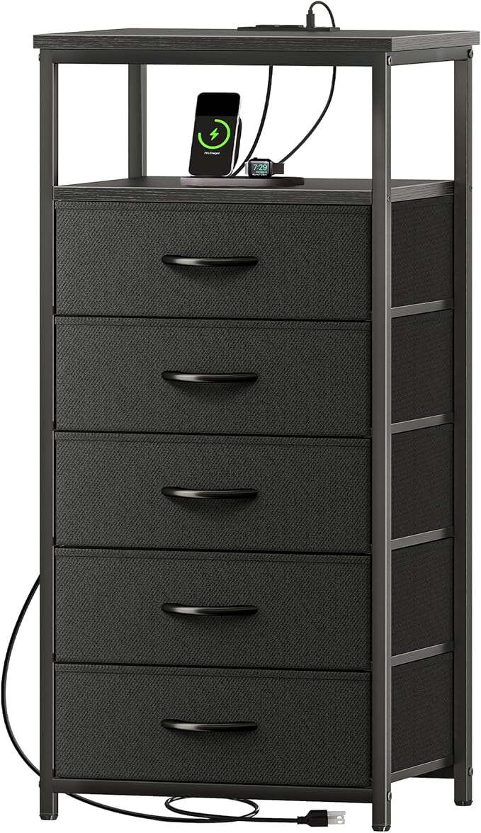 5 Drawers Dresser with Charging Station, Dresser for Bedroom, Tall Night Stand, Chest of Drawers with Open Shelf, Bedside Table Nightstand, Fabric Dresser Storage Drawers, for Entryway, Black - LeafyLoom