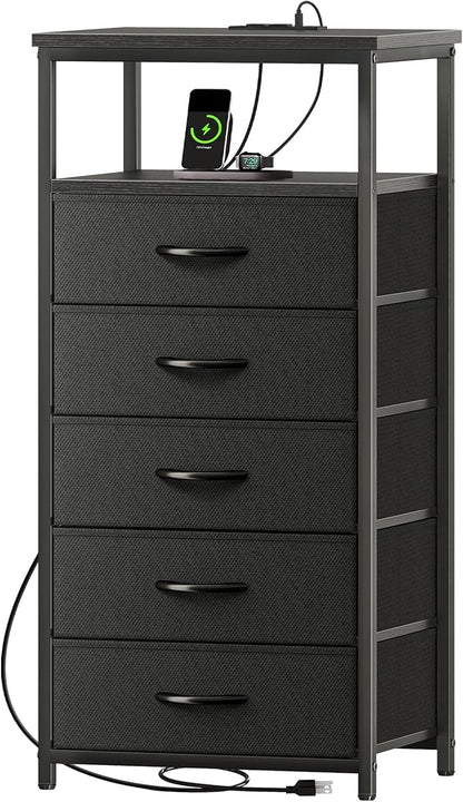 5 Drawers Dresser with Charging Station, Dresser for Bedroom, Tall Night Stand, Chest of Drawers with Open Shelf, Bedside Table Nightstand, Fabric Dresser Storage Drawers, for Entryway, Black - LeafyLoom