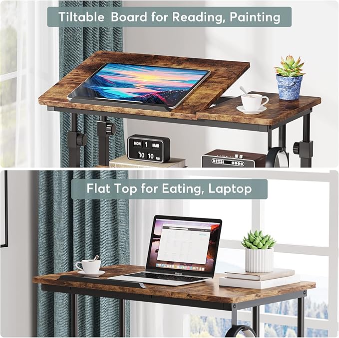 Small Portable Rolling Computer Desk Height Adjustable Standing Table, Brown - LeafyLoom