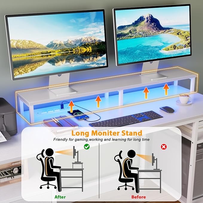 Furologee 61" Desk with LED Light & Power Outlets, Reversible Computer Desk with File Cabinet & Drawer, White Gaming Desk Writing Table with Dual Monitor Stand, for Home/Office/White - LeafyLoom