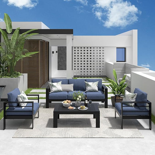 Solaste Aluminum Patio Furniture Set, 4 Pcs Modern Outdoor Conversation Set Sectional Sofa with Upgrade Cushion and Coffee Table,Black Frame and Blue Cushion - LeafyLoom