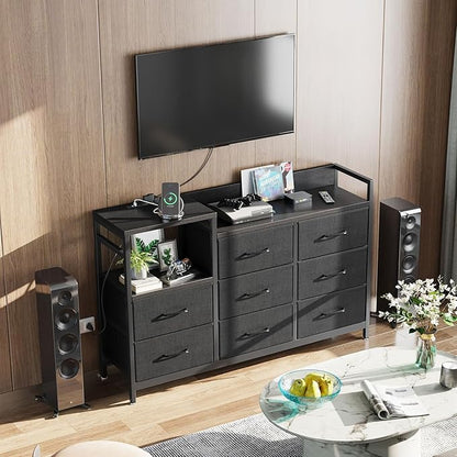 ODK Dresser with Charging Station, 52-Inch Long Dresser TV Stand for Bedroom, Large Dresser with 8 Storage Drawers, Chest of Drawers Easy-Pull Fabric Dressers for Living Room, Black - LeafyLoom