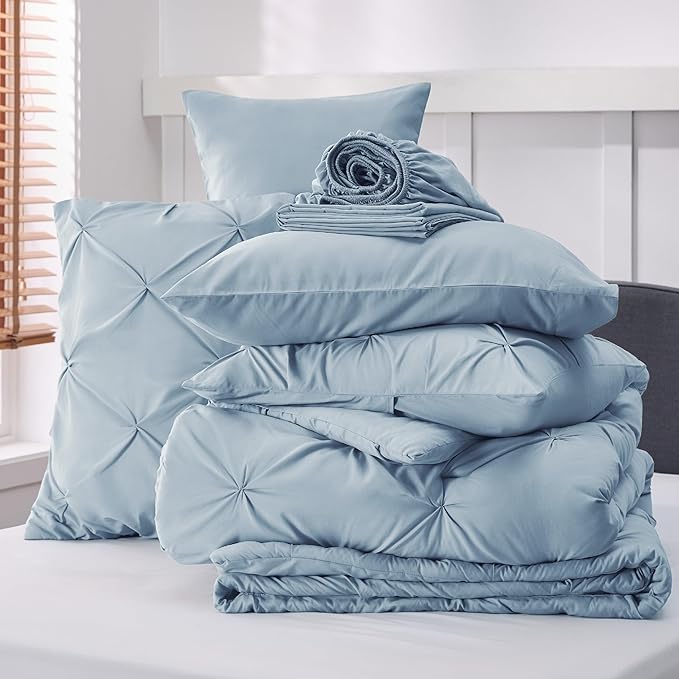 Bedsure Blue Comforter Set Queen - Bed in a Bag Queen 7 Pieces, Pintuck Bedding Sets Light Blue Bed Set with Comforter, Sheets, Pillowcases & Shams - LeafyLoom