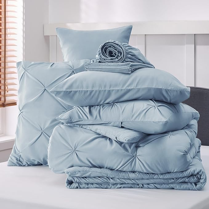 Bedsure California King Comforter Set - Cal King Bed Set 7 Pieces, Pinch Pleat Light Blue Cali King Bedding Set with Comforter, Sheets, Pillowcases & Shams - LeafyLoom