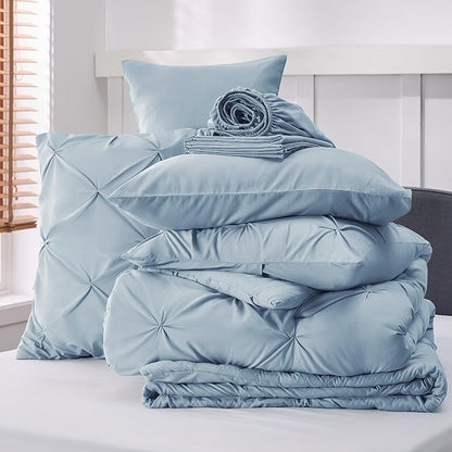 Bedsure King Size Comforter Set - Bedding Set King 7 Pieces, Pintuck Bed in a Bag Light Blue Bed Set with Comforter, Sheets, Pillowcases & Shams - LeafyLoom