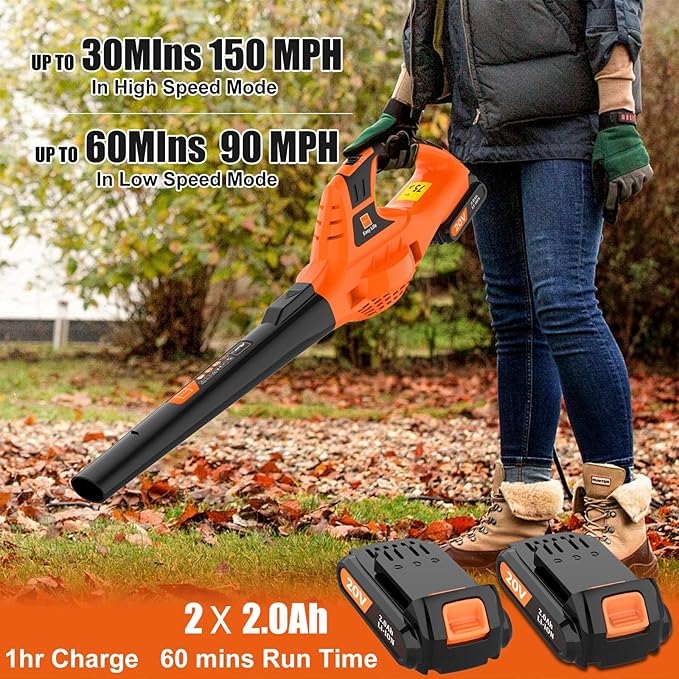 Cordless Leaf Blower,21V Handheld Electric Leaf Blower with 2 x 2.0Ah Battery & Charger, Lightweight Battery Powered Leaf Blower for Lawn Care, Patio, Yard, Sidewalk,Snow Blowing - LeafyLoom