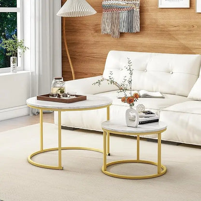 Round Coffee Table Set of 2 End Tables for Living Room,Circular and Marble Nesting Coffee Table Wooden Accent Furniture with Golden Metal Frame,Stacking Side Tables,White - LeafyLoom