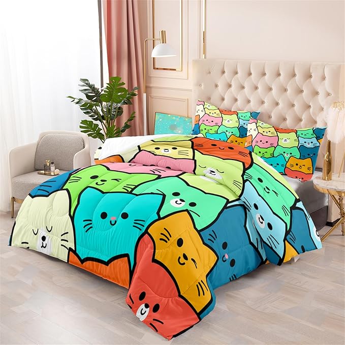 Cat Bedding Set Full Size - 3 Piece Cartoon Cat Comforter Set for Girls Boys Kids Bedroom Colorful Animals Print Home Bedding Decor for All Season Soft Warm 1 Cat Quilt Cover with 2 Pillowcases - LeafyLoom