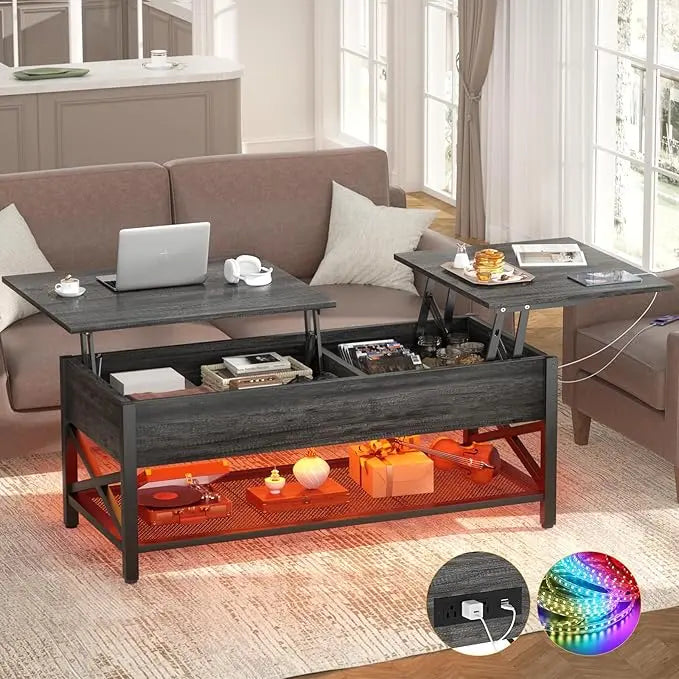 Aheaplus Coffee Table, Lift Top Coffee Table with LED light and Power Outlet, Modern Lift-Top Table with Storage Shelf, Center Table for Living Room, Lift Tabletop, X Support, Metal Frame, Black Oak - LeafyLoom