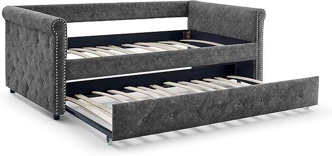 Upholstered Twin Size Daybed with Twin Trundle, Solid Wooden Sofa Bed Frame w/Button Tufted and Copper Nail on Square Arms, No Spring Box Need，Grey - LeafyLoom