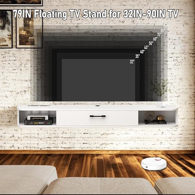 Floating TV Unit, 79'' Wall Mounted TV Cabinet, Floating Shelves with Door, Modern Entertainment Media Console Center Large Storage TV Bench for Living Room & Office (78.74IN, White) - LeafyLoom