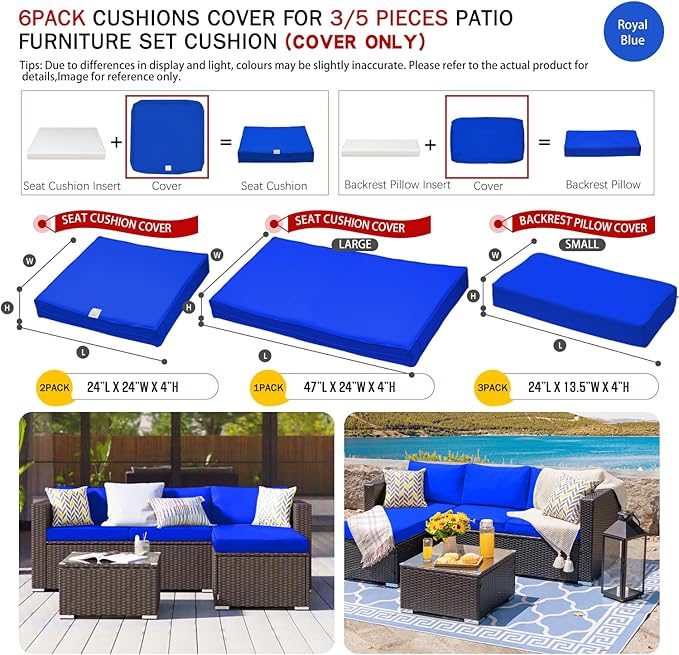 ClawsCover 6Pack Outdoor Seat and Back Cushions Replacement Covers Fit for 3 Pieces 3-Seater Wicker Rattan Patio Furniture Conversation Set Sectional Couch Chair,Royal Blue-Include Cover Only - LeafyLoom