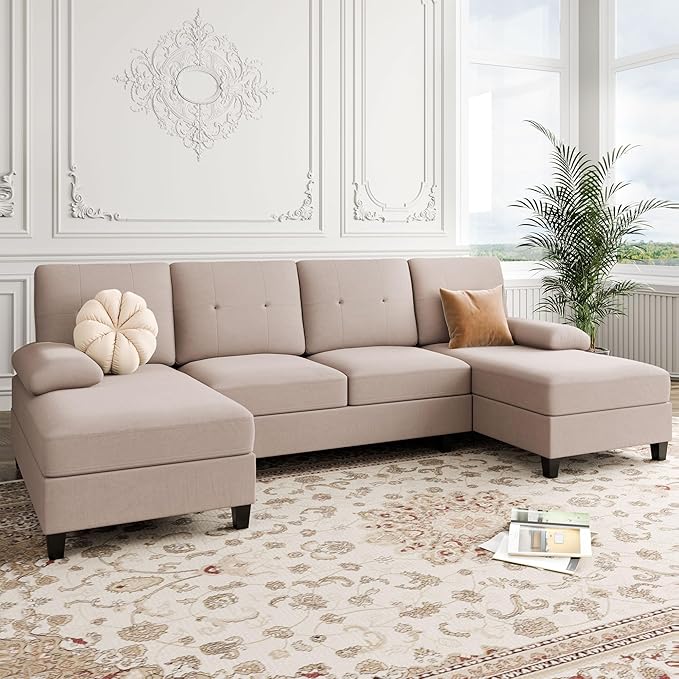 Shintenchi Sectional Couches for Living Room, U Shaped Sofa Couch with Double Chaise, 4-Seat Living Room Furniture Sets with Soft Cushion & Linen Fabric, Beige - LeafyLoom