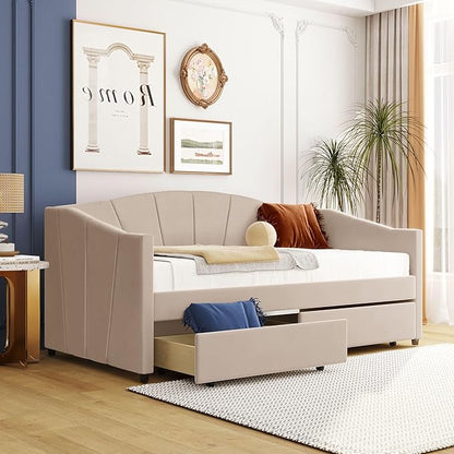 Twin Size Upholstered Daybed with Two Drawers, Wood Slat Support Sofa Bed with Armrest, No Box Spring Needed, Easy to Assemble, for Studio, Bedroom, Living, Guest Room, Beige - LeafyLoom