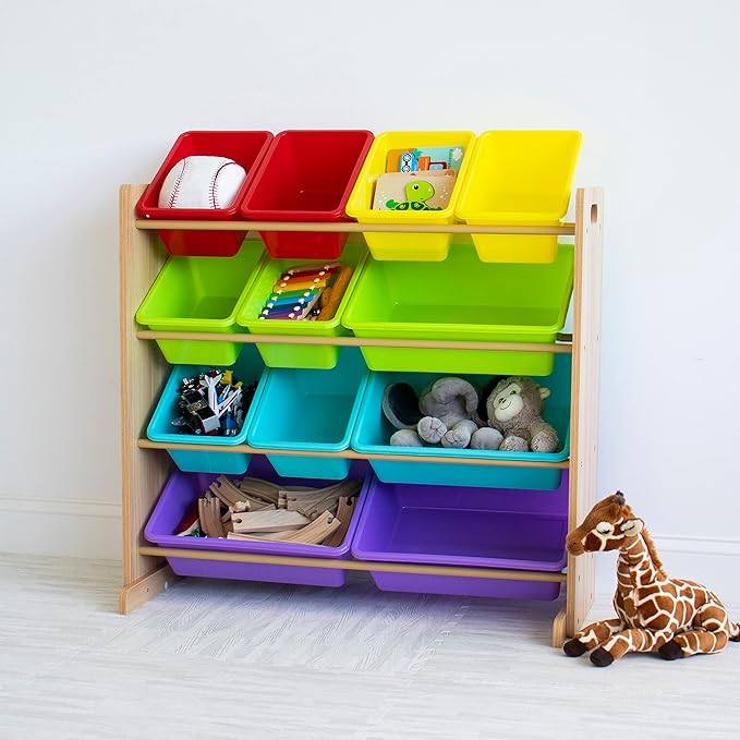 Humble Crew Kids Toy Storage Organizer with 12 Storage Bins, Rainbow/Natural Wood - LeafyLoom