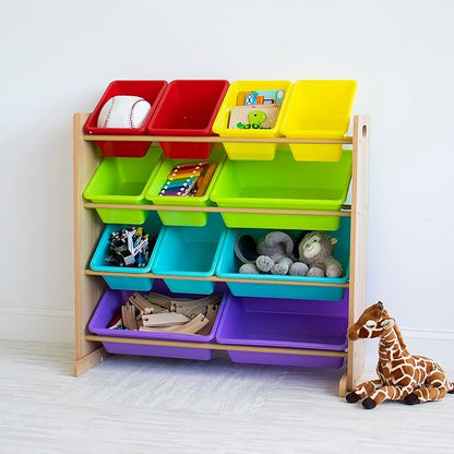 Humble Crew Kids Toy Storage Organizer with 12 Storage Bins, Rainbow/Natural Wood - LeafyLoom