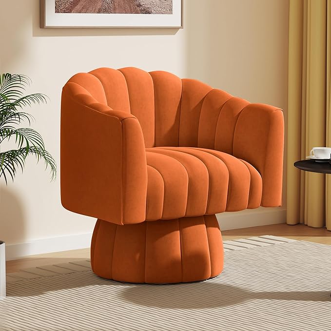 Accent Chair Mid Century 360 Degree Swivel Chair,Modern Lounge Sofa Round Barrel Chair with Wide Upholstered,Fluffy Velvet Fabric Chairs for Home Sofa Living Room/Bedroom/Waiting Room (Orange) - LeafyLoom