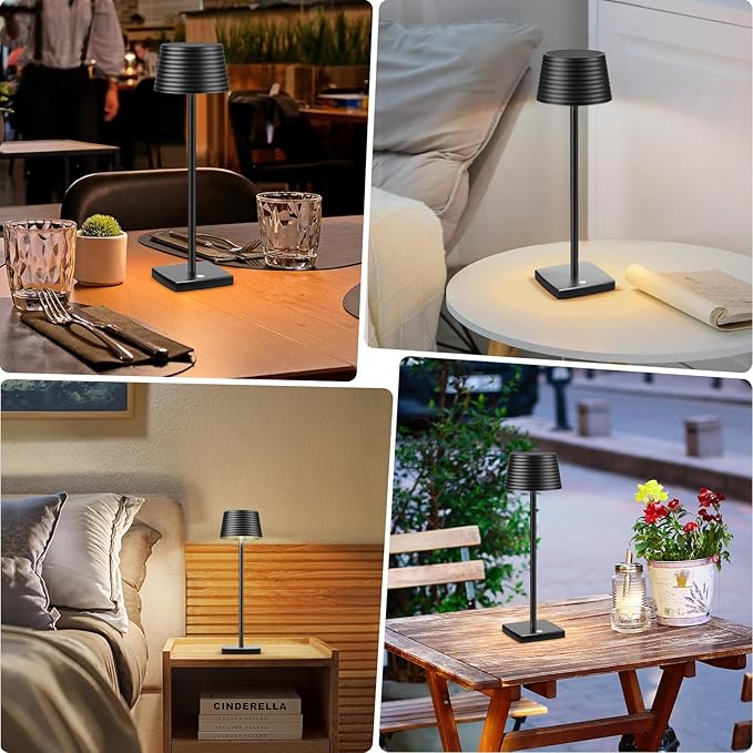 Rechargeable Cordless Table Lamp, Battery 5000mAh Metal Aluminum Housing USB LED Portable Powered Desk Lamp, 3 Levels Brightness Night Light for Restaurants Bars Outdoor (black-2pack) - LeafyLoom