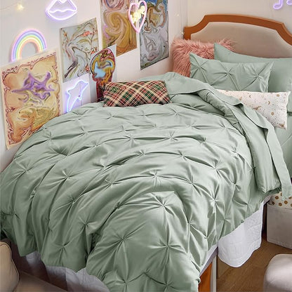 Bedsure Twin Size Comforter Set - Bed in a Bag Queen 5 Pieces, Pintuck Beddding Sets Sage Green Bed Set with Comforter, Sheets, Pillowcase & Sham - LeafyLoom