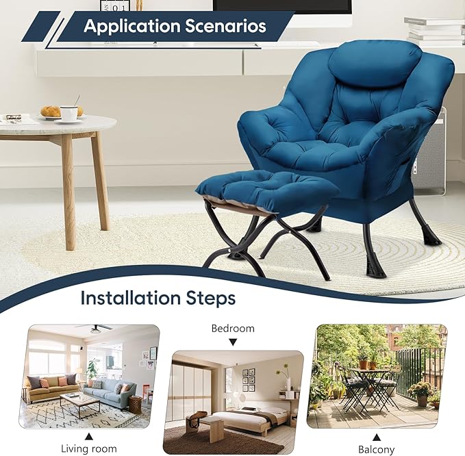 Lazy Chair with Folding Ottoman Modern Large Accent Chair,Contemporary Lounge Leisure Sofa Chair with Armrests Upholstered Sofa Armchair Reading Chair for Bedroom,Dorm & Office,Blue - LeafyLoom