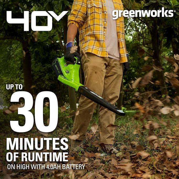 Greenworks 40V (150 MPH / 130 CFM) Cordless Leaf Blower, 4.0Ah Battery and Charger Included - LeafyLoom