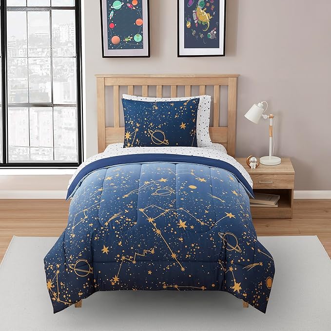 Kids Bedding Set Bed in a Bag for Boys and Girls Toddlers Printed Sheet Set and Comforter, Twin, Galaxy - LeafyLoom