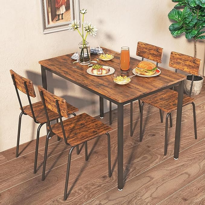 4 Chairs Dining Table Set for 4-8, Modern Space Saving Kitchen Desk, Wooden Industrial Style Farmhouse, 43", Brown - LeafyLoom