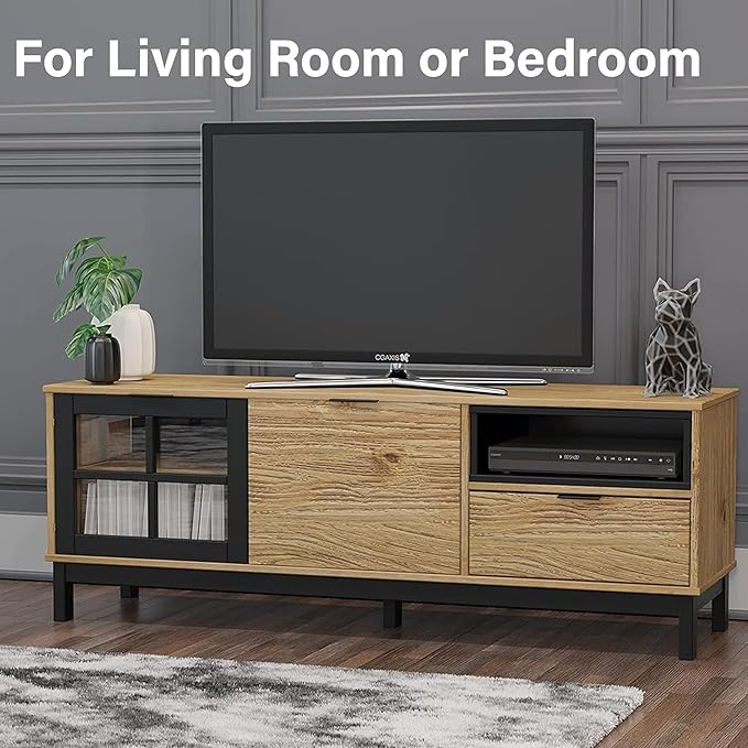 Home Wood Modern TV Stand for 55 60-inch TV with Doors - Entertainment Center with Storage Cabinets - TV Console, Media Console for Living Room -Light Wood and Black Console for Living Room or Bedroom - LeafyLoom